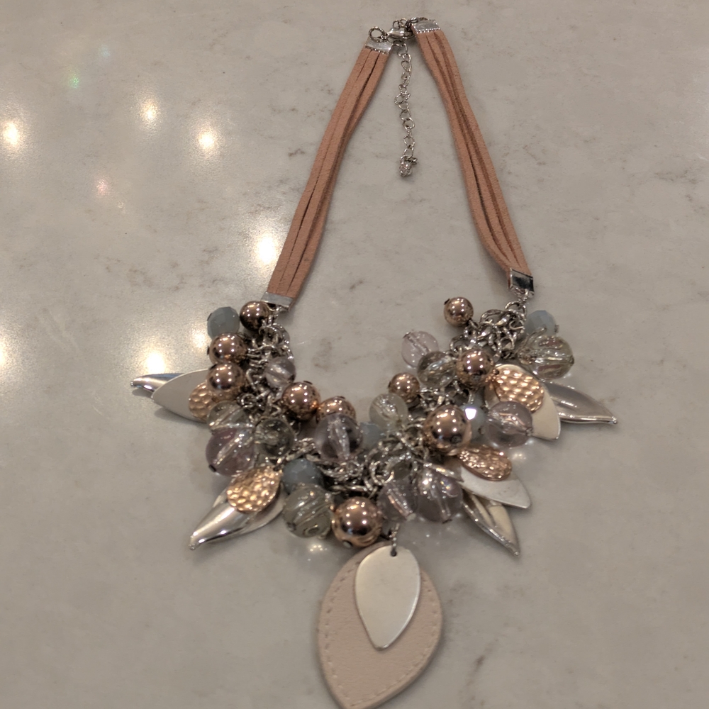 3 Leather Band Necklaces With Gold And Silver Beds And Leaves 10"